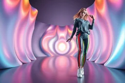 beautiful lady with todays modern clothing and sport shoes, in surreal stage made of 3d fractal random size recursive objects with helical strip colors in clothing similar to environment full body dancing to camera,animating background metallic random color and size recursive objects
