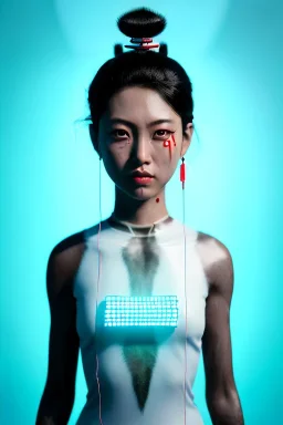 Photo Studio portrait, Asian woman samurai, yakuza body tattoos :: symmetry photography, cyberpunk style :: latex dress, japanese traditional ornaments, red, white, black, led wires, glow eyes, cinematic, Ultra realistic, dark scene, soft color, highly detailed, unreal engine 5, RTX, ultra detail, 3d, finely drawn, high definition.