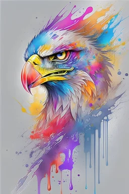2:3 Full size, watercolor on transparent background paper, chromatic, zoom, very sharp, splash of colors on a white background, Mixed colors, Sharp American eagle with crown, red eyes, half robot, details on eye, a detailed golden purple sunset fire style, Beach with light blue water, graffiti elements, powerful zen composition, dripping technique, & the artist has used bright, clean elegant, with blunt brown, 4k, detailed –n 9, ink flourishes, liquid fire, clean white background, zoom in,