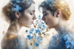 double exposure, merged layers, loving couple, forget-me-nots, heart and love in sunshine, watercolor and black ink outlines, sparkling golden glitter, ethereal, cinematic postprocessing, bokeh, dof