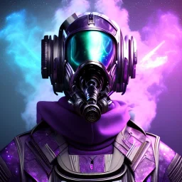 full body apocalyptic purple masked villain in galaxy, teal and purple smoke, detailed, realistic, 4k