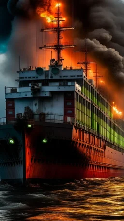 ,surrealism of the dark of a nightmare , hyper photorealistic, hyper detailed dark art color, high resolution, fog, octane render, tilt shift, HDRI Environment, all pictures dark gray, a submarine on fire