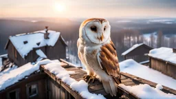 a barn owl sitting an old ruined rooftop and looking to te camera, over a winter landscacpe with european forest , snowy landscape, little light, sunrise, one old poor ruined small villager hut from above, high detailed, sharp focuses, photorealistic, perspective, cinematic