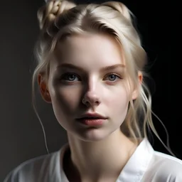 woman, twenty years old, white blond shortish hair, wavy, strong facial features, sof nose, light grey eyes, light pale skin, rose lips whithe shirt, portrait, close up, beatiful young woman, many shadows, hair tied in a bun, loose strands framing face