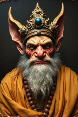 pin hole cam, master oil painting by Rembrandt,ohm ri shi lahkshmi super guru with lots followers looking like a salmon dog orc troll gremlin yoga guru, brown paper with burnt edges