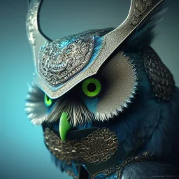 Anthropomorphic blue owl, big green eyes, lots of details, portrait, finely detailed armor, cinematic lighting, intricate filigree metal design, 8k, unreal engine, octane render, realistic, redshift render