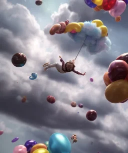 Ultra realistic speed clouds sky scene, wide angle view, strong men falling down with many Childs background, circus dress style, feather color, free jumping flying, many trinkets, hair monster, many jelly beans, balls, color smoke, smile, happy, extreme, wind, clouds sea, 20,000 feet altitude, stratosphere, soft color, highly detailed, unreal engine 5, ray tracing, RTX, lumen lighting, ultra detail, volumetric lighting, 3d, finely drawn, high definition, high resolution.