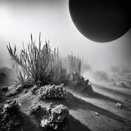 A striking quality Kodak photograph captures a wasteland with a group of plants, creepy, details of the dust very accentuated, glossy organic mass, adorned with minerals and rocks. Bathed in intense light, eerie, Max Ernst style, black sun, fog