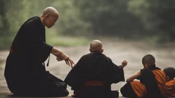 older monk in black robe teaching younger monks