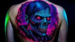 An amazing dark psytrance art tattoo of a zombie from The Walking Dead show on a human back, on a dark background under UV light, vivid and vibrant neon tattoo ink, detailed, intricate, high contrast.