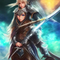 fantasy art style, female, attractive, 8k, full body, leather armors, full great sword, silver shoulder length hair, vibrant bright colorful silver eyes, slight scar on cheek, details,texture, detailed lightning, wrist guard armors, vibrant colors, no background