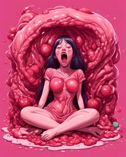 Petit weird woman crushed inside really darkred fleshy stomach filled with digestive juices, sit pose, fullbody, screaming, tears, Junji Ito style, pink tones, pastel tetradic colors, 3D vector art, isometric style, retro aesthetic,