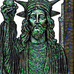 line toned, hedcut, wsj style, statue of cruicified Jesus of Liberty with a beard and wearing a cross and hanging from a cross, The statue male, hyperdetailed intricately detailed photoillustration ink drawing dystopian 8k resolution entire body of the statue is in the picture. digital illustration telephoto lens photography , same colors as the us treasury's one dollar bill, crucified"