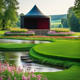 a round stage in country side ,green field ,flowers , small river