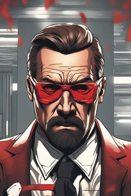 a muscular and angry man who looks like Hans Gruber wearing red glasses