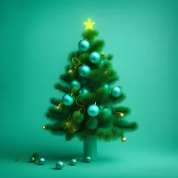 a branch of a Christmas tree on a turquoise background with bright green New Year neon green toys