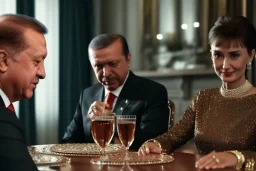 Recep Tayyip Erdogan with audrey hepburn,rtx, reflection, 8k, glow, winning photography, caustics