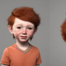 short redheaded boy/kid with a long face and freckles, realistic, 8k, curly bangs. fat