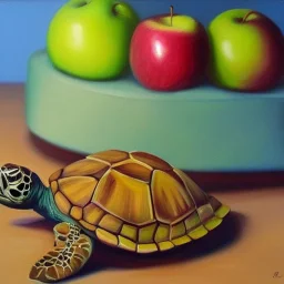 Oil painting style turtle and apple