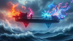 A magical duel between two wizards in a floating arena above a stormy sea, with colorful, electrifying spells lighting up the sky as waves crash far below. Photographic quality and detail, award-winning image, beautiful composition.