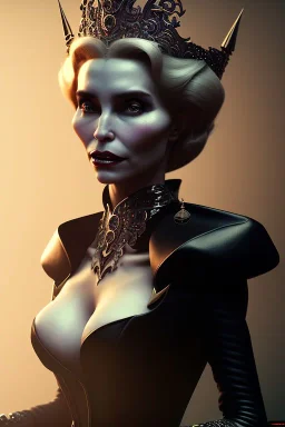 Constance Langdon as evil queen in black leather, leather, busty, cleavage, angry, stern look. character design by cory loftis, fenghua zhong, ryohei hase, ismail inceoglu and ruan jia. unreal engine 5, artistic lighting, highly detailed, photorealistic, fantasy