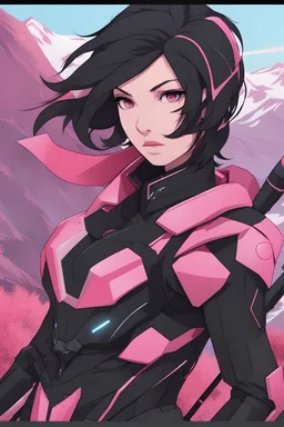 Mam with wild black hair, pink eyes, scar on face, pink and black futuristic armor, holding a futuristic spear, mountainous background, RWBY animation style
