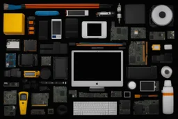 knolling geek computer stuff on black background , seamsless tile