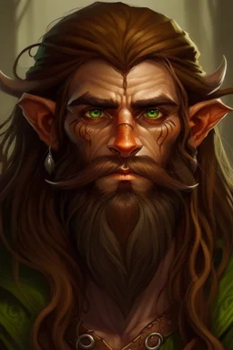 Gnom, braune lange wilde Haare, große, auffällig dicker Nase, grüne Augen, sehr jung (etwa zwanzig Jahre) , Druide, gebräunte Haut, Zeichen im Gesicht, keine Falten im Gesicht, etwas dicker, Mann