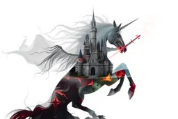 Double exposure color photography inside a profile of a centaur with a dark fantasy world of castles and knights and sorceresses casting magic, hyperdetailed fantasy image, surreal, profound, dungeons and dragons sword and sorcery aesthetic, white negative space