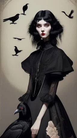 painting by koson ohara and marta bevacqua, portrait of a beautiful goth woman with black hair have a crow as a pet, wearing a black dress, 8k, high quality, highly detailed full body