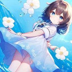 Clear focus,High resolution, Black short fluffy hair, and blue eyes, wearing a light blue short skirt with a white flower pattern near the bottom, Wearing light yellow cut sleeves that have white long flaps under it with a flower pattern near the end, wearing a white collar, water in the background