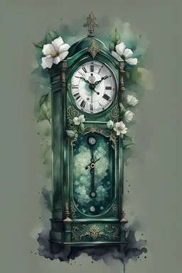 watercolor drawing of a dark Gothic green grandfather clock with emeralds and flowers and white lace, on a white background, Trending on Artstation, {creative commons}, fanart, AIart, {Woolitize}, by Charlie Bowater, Illustration, Color Grading, Filmic, Nikon D750, Brenizer Method, Side-View, Perspective, Depth of Field, Field of View, F/2.8, Lens Flare, Tonal Colors, 8K, Full-HD, ProPhoto RGB, Perfectionism, Rim Lighting, Natural Lighting, Soft Lighting, Accent Lighting, Diffraction Grading