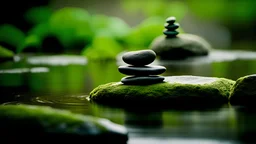 A mesmerizing composition showcasing three stacked rocks adorned with vibrant green leaves. Inspired by Herb Aach's iconic style, this winning photograph exudes the essence of soft Zen minimalism. The balanced colors create a harmonious atmosphere against a serene, natural background. Immerse yourself in the deep spirituality evoked by this stunning art piece.