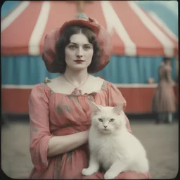 A woman , with a cat, at the circus, autochrome, pink, red orange, blue