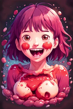 A detailed illustration Anime girl smiling crushed inside really darkred fleshy stomach filled with digestive juices, t-shirt design, in the style of Studio Ghibli, pastel tetradic colors, 3D vector art, cute and quirky, fantasy art, watercolor effect, bokeh, Adobe Illustrator, hand-drawn, digital painting, low-poly, soft lighting, bird's-eye view, isometric style, retro aesthetic, focused on the character, 4K resolution, photorealistic rendering, using Cinema 4D, vector logo, vector art,