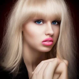 portrait of a beautiful Russian blonde woman with a long fringe, square face, black eyes and full lips