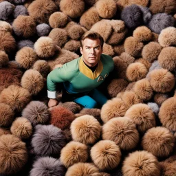 looking down from high above, James T Kirk, in star trek uniform, squeezing out of a big pile of tribbles