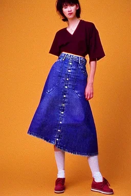 year 1996 denim fashion. Loose skirt, low waist. Combat t-shirt. Colors: denim blue, blue, purple, cream, khaki, light green, lilac, plum, orange, terracotta, red, light yellow, pink, dark blue, beige. Latex in small part. Something between Sturnus vulgaris pattern and lynx lynx prints.. bridget jones and jennifer lopez. Hoodie.