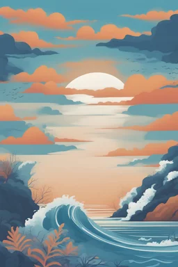 Minimalist illustration bohomein The waves of the blue sea are falling on the shore of the sea wall art, front view, vibrant colour background