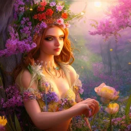  Beautiful and bright goddess of spring,delicate flowers,blue eyes, knees up portrait, fantastical, intricate detail, splash screen, complementary colors, fantasy concept art, 8k resolution, Unreal Engine 5"