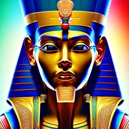 3D close-up of a beautiful Egyptian pharaonic king, sarcastic smile, high contrast, glowing backlighting, blue and red backlighting, vibrant hair, dark brown eyes, sharp focus, high makeup, face painting, background blur.