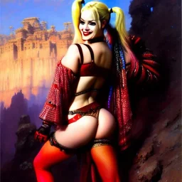 Drawing of beautiful face,'beautiful booty ,Busty Harley Quinn',intense stare, ancient skintight armor, balanciaga fashion clothe painting by gaston bussiere, greg rutkowski, yoji shinkawa, yoshitaka amano, tsutomu nihei, donato giancola, tim hildebrandt, Oil on canvas, cinematic composition, extreme detail,fit full head inside picture,16k