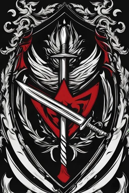 Stylized Emblem of sword, shield. Red, black, white, RWBY animation style
