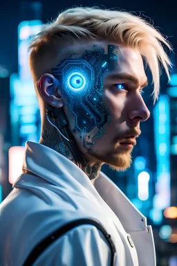 Man with Blonde Hair, small face tattoo, glowing blue cybernetic eye, black right cybernetic arm, white open coat, cyber body, hacker, night, city background, high detail, 4k, small cables protruding from the back