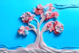 plasticine relief tall one alone almond tree blossom abstract with busy white pink and coral flowers and light blue sky