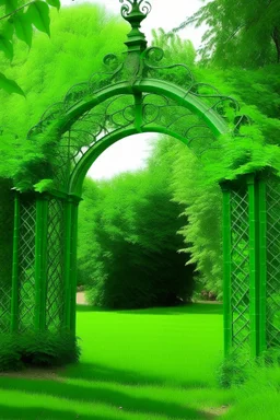 green archway on a fence that has queens park on it~