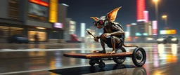 master oil painting by Rembrandt,the tilted quilter,glasses and ticks, cyberpunk imagery synchronized mechanical gremlin rat bat drumming kit flat board trike flickering stable core, wet reflective salt flat city, fast motion blur background