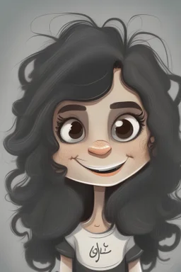 portraite cartoon character of a cool and happy girl with long curly black hair with black eyes an small nose and white skin