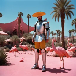 [high res photo by Russ Meyer] In the dazzling city of Las Vegas, clad in his worn armor that sparkles under the desert sun, Don Quixote, his tourney lance in hand, finds himself in a most curious setting—a pink swimming pool teeming with flamingos and bananas, ready to fight, in dust, rust and blood, him body is covered with leather combat belts