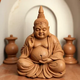 mythical Budda shaped from clay, showing the cracks, curves, and handmade details. Background is a shrine in a small alcove